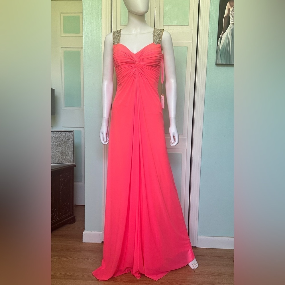 Size 2 La Femme Prom Neon Flamingo Pink Dress Gown Aline Simple Flowy